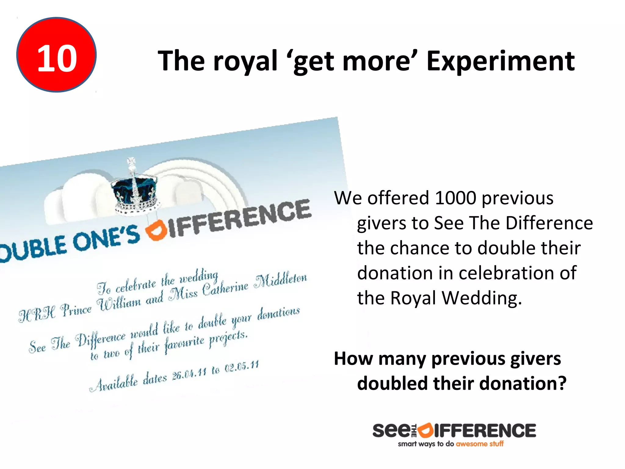 10   The royal ‘get more’ Experiment



                  We offered 1000 previous
                   givers to See The Difference
                   the chance to double their
                   donation in celebration of
                   the Royal Wedding.

                  How many previous givers
                    doubled their donation?
 