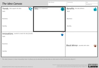 Dinker Charak * ddiinnxx@gmail.com * www.ddiinnxx.com
Canvas by: On:
Iteration #:
The Idea Canvas is a lean innovation tool. It allows you to develop and describe an idea and to think holistically about it.
This work is licensed under the Creative Commons Attribution-ShareAlike 3.0 Unported License.
To view a copy of this license, visit http://creativecommons.org/licenses/by-sa/3.0/
or send a letter to Creative Commons, PO Box 1866, Mountain View, CA 94042, USA.
Designed by Dinker Charak, http://www.ddiinnxx.com, Version 0.3.
The Idea Canvas
Risks
Key Resources
Trends Idea Benefits
that support the idea as a statement the idea delivers
Tech
Business
Society
Innovations needed to make the idea feasible
Tech
Business
Society
Black Mirror possible dark sides
Idea Name:
Tech
Business
Society
 