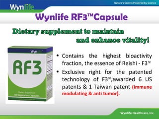 Wynlife RF3™Capsule
• Contains the highest bioactivity
fraction, the essence of Reishi - F3TM
• Exclusive right for the patented
technology of F3TM
,awarded 6 US
patents & 1 Taiwan patent (immune
modulating & anti tumor).
 