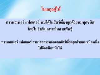 โมเลกุลผู้ให้

  ทรานสเฟอร์ แฟกเตอร์ พบได้ในสัตว์เลี้ยงลูกด้วยนมทุกชนิด
        Transfer Factors are found in
      all mammalsด& they areธุnot
                โดยไม่จากั เฉพาะในสายพัน ์
      species specific. The Transfer
ทรานสเฟอร์ แฟกเตอร์ from one mammalด้วยนมชนิดหนึ่ง
      Factors สามารถถ่ายทอดจากสัตว์เลี้ยงลูก can
                       ไปอีกชนิดหนึ่งได้
      transfer immunity to another
      mammal.
 