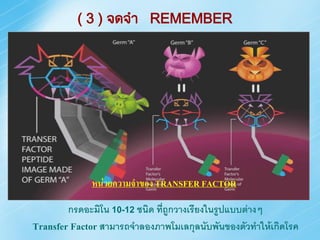 ( 3 ) จดจำ REMEMBER




             หน่วยความจาของ TRANSFER FACTOR

        กรดอะมิโน 10-12 ชนิด ทีถูกวางเรียงในรูปแบบต่างๆ
                               ่
Transfer Factor สามารถจาลองภาพโมเลกุลนับพันของตัวทาให้เกิดโรค
 