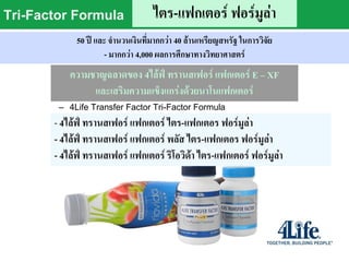 Tri-Factor Formula                    ไตร-แฟกเตอร์ ฟอร์มูล่า
 50 years and more than านวนเงินที่มากกว่าon ล้านเหรียญสหรัฐ ในการวิจัย 4000 Scientific
               50 ปี และ จ USD40million 40 research – More than
                        - มากกว่า 4,000 ผลการศึกษาทางวิทยาศาสตร์
                                         Studies

                  ความชาญฉลาดของ 4ไล้ฟ์ ทรานสเฟอร์ แฟกเตอร์ E – XF
           The intelligence of 4Life Transfer Factor E-XF,
           fortified with the intuition of NanoFactor.
                      และเสริมความแข็งแกร่งด้วยนาโนแฟกเตอร์
             – 4Life Transfer Factor Tri-Factor Formula
           - – 4Life Transfer Factor Plus Tri-Factor Formulaูล่า
             4ไล้ฟ์ ทรานสเฟอร์ แฟกเตอร์ ไตร-แฟกเตอร ฟอร์ม
             – 4Life Transfer Factor RioVida® Tri-Factor Formula
           - 4ไล้ฟ์ ทรานสเฟอร์ แฟกเตอร์ พลัส ไตร-แฟกเตอร ฟอร์มูล่า
           - 4ไล้ฟ์ ทรานสเฟอร์ แฟกเตอร์ ริโอวิด้า ไตร-แฟกเตอร์ ฟอร์มูล่า
 