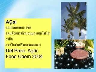 AÇai
ผลปาล์มจากบราซิล
อุดมด้วยสารต้านอนุมูล แอนโทไซ
ยานิน
กรดไขมันปริมาณพอเหมาะ
Del Pozo, Agric
Food Chem 2004
                                Euterpe oleracea
 