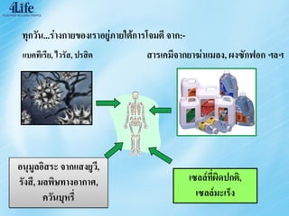 ทุกวัน...ร่างกายของเราอยู่ภายใต้การโจมตี จาก:-
 แบคทีเรีย, ไวรัส, ปรสิต            สารเคมีจากยาฆ่าแมลง, ผงซักฟอก ฯลฯ




อนุมูลอิสระ จากแสงยูว,ี
รังสี, มลพิษทางอากาศ,                             เซลล์ที่ผิดปกติ,
        ควันบุหรี่                                  เซลล์มะเร็ง
 