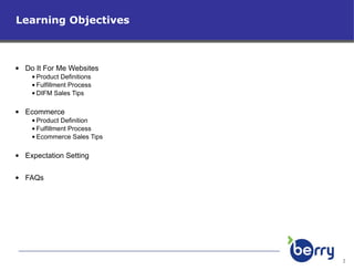Learning Objectives Do It For Me Websites Product Definitions Fulfillment Process DIFM Sales Tips Ecommerce Product Definition Fulfillment Process Ecommerce Sales Tips Expectation Setting FAQs  