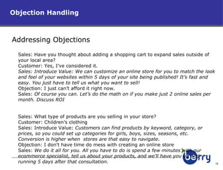Objection Handling Addressing Objections Sales: Have you thought about adding a shopping cart to expand sales outside of your local area?  Customer: Yes, I’ve considered it. Sales: Introduce Value: We can customize an online store for you to match the look and feel of your websites within 5 days of your site being published! It’s fast and easy. You just have to tell us what you want to sell! Objection: I just can’t afford it right now.  Sales:  Of course you can. Let’s do the math on if you make just 2 online sales per month. Discuss ROI Sales: What type of products are you selling in your store? Customer: Children’s clothing Sales: Introduce Value:  Customers can find products by keyword, category, or prices, so you could set up categories for girls, boys, sizes, seasons, etc. Conversion is higher when  stores are that easy to navigate .  Objection: I don’t have time do mess with creating an online store Sales:  We do it all for you. All you have to do is spend a few minutes with our ecommerce specialist, tell us about your products, and we’ll have you up and running 5 days after that consultation.  