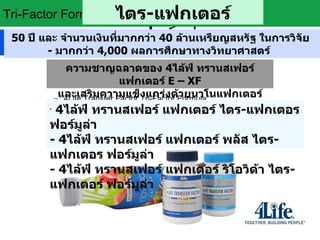 Tri-Factor Formula The intelligence of 4Life Transfer  Factor E-XF,  fortified with the intuition of NanoFactor. 4Life Transfer Factor Tri-Factor Formula 4Life Transfer Factor Plus Tri-Factor Formula 4Life Transfer Factor RioVida® Tri-Factor Formula 50 years and more than USD40million on research – More than 4000 Scientific Studies  ไตร - แฟกเตอร์ ฟอร์มูล่า 50  ปี และ จำนวนเงินที่มากกว่า  40  ล้านเหรียญสหรัฐ ในการวิจัย  -  มากกว่า  4,000  ผลการศึกษาทางวิทยาศาสตร์  ความชาญฉลาดของ  4 ไล้ฟ์ ทรานสเฟอร์ แฟกเตอร์  E – XF และเสริมความแข็งแกร่งด้วยนาโนแฟกเตอร์ 4 ไล้ฟ์ ทรานสเฟอร์ แฟกเตอร์ ไตร - แฟกเตอร ฟอร์มูล่า - 4 ไล้ฟ์ ทรานสเฟอร์ แฟกเตอร์ พลัส ไตร - แฟกเตอร ฟอร์มูล่า - 4 ไล้ฟ์ ทรานสเฟอร์ แฟกเตอร์ ริโอวิด้า ไตร - แฟกเตอร์ ฟอร์มูล่า 