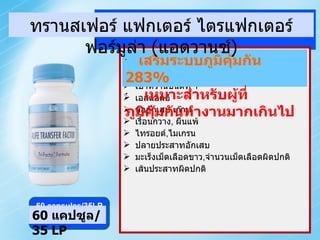 TRANSFER FACTOR ADVANCE Enhance Immune System by 283%. Good For Over-Reactive Immune System หอบหืด , ไซนัส , ภูมิแพ้   เบาหวานชนิดที่  1 เอสแอลอี ข้ออักเสบ , เก๊าท์ เรื้อนกวาง ,  ผื่นแพ้ ไทรอยด์ , ไมเกรน ปลายประสาทอักเสบ มะเร็งเม็ดเลือดขาว , จำนวนเม็ดเลือดผิดปกติ เส้นประสาทผิดปกติ 60 capsules/35LP เสริมระบบภูมิคุ้มกัน  283% เหมาะสำหรับผู้ที่ภูมิคุ้มกันทำงานมากเกินไป ทรานสเฟอร์ แฟกเตอร์ ไตรแฟกเตอร์ ฟอร์มูล่า  ( แอดวานซ์ ) 60  แคปซูล /35 LP 