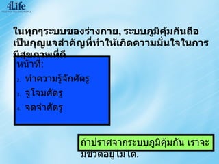 หน้าที่ : ทำความรู้จักศัตรู จู่โจมศัตรู จดจำศัตรู ถ้าปราศจากระบบภูมิคุ้มกัน เราจะมีชีวิตอยู่ไม่ได้ . ในทุกๆระบบของร่างกาย ,  ระบบภูมิคุ้มกันถือเป็นกุญแจสำคัญที่ทำให้เกิดความมั่นใจในการมีสุขภาพที่ดี 
