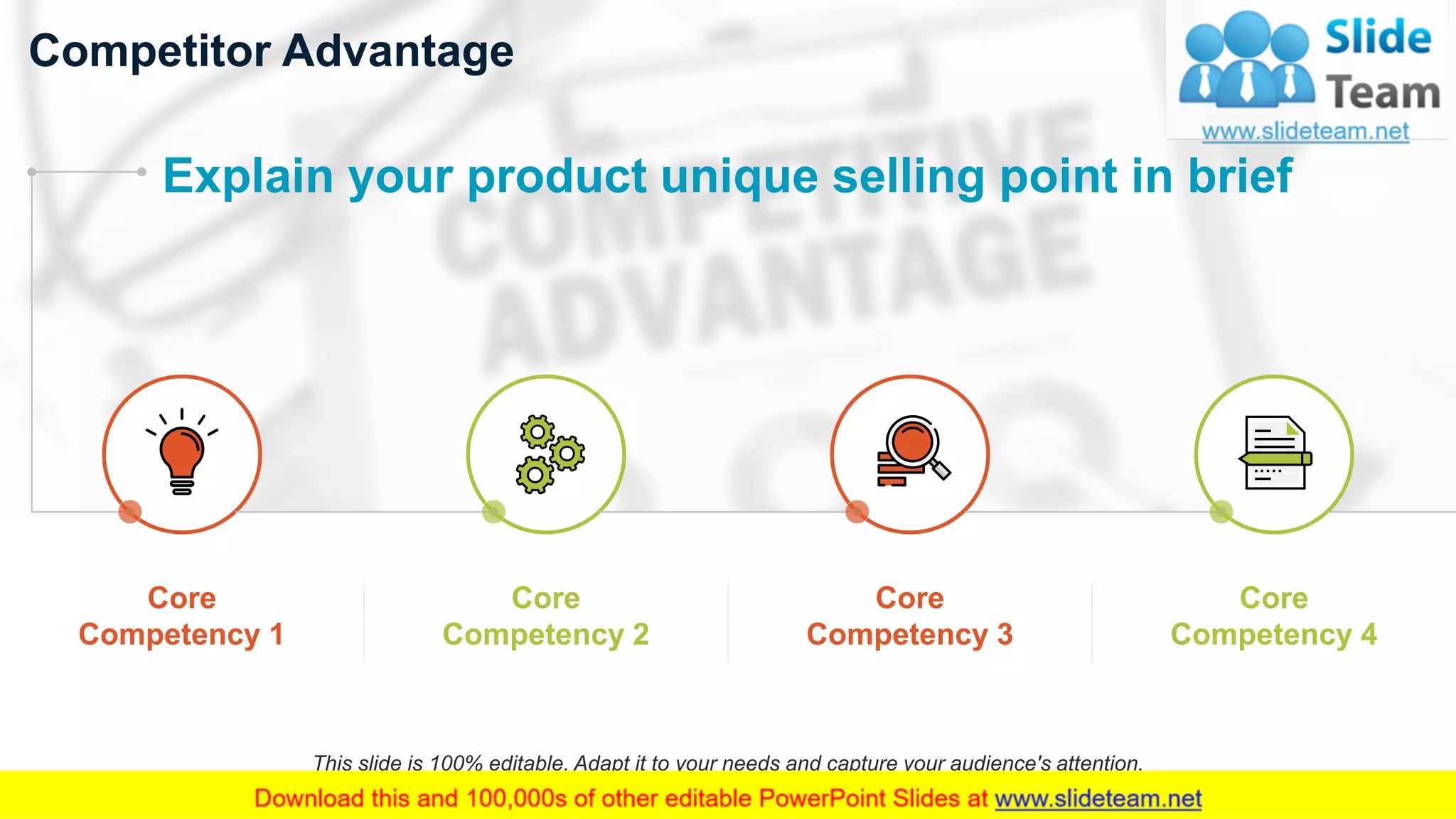 Competitor Advantage
14
Explain your product unique selling point in brief
Core
Competency 1
Core
Competency 2
Core
Competency 3
Core
Competency 4
This slide is 100% editable. Adapt it to your needs and capture your audience's attention.
 