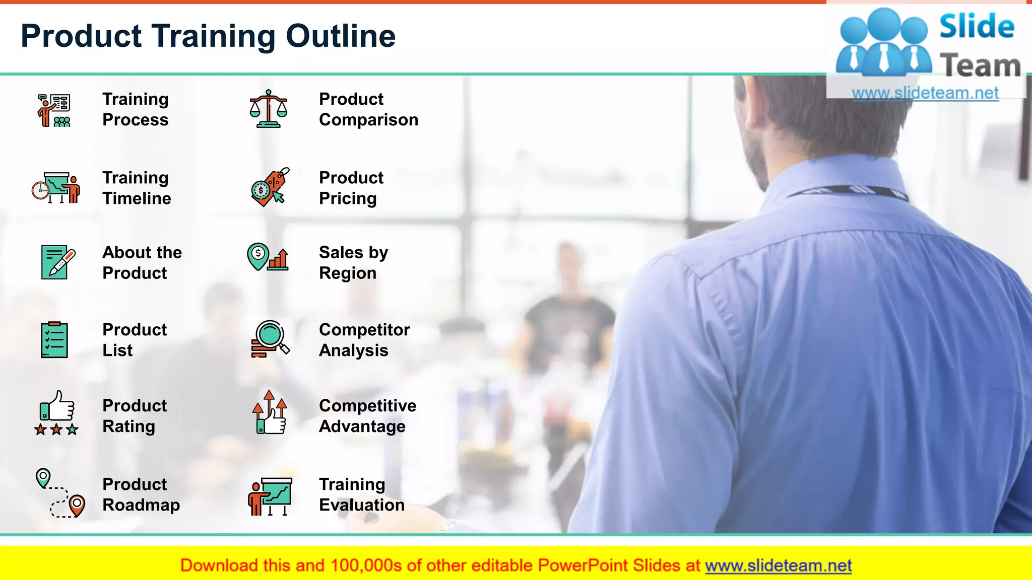 Product Training Outline
2
Training
Process
Training
Timeline
About the
Product
Product
List
Product
Rating
Product
Roadmap
Product
Comparison
Product
Pricing
Sales by
Region
Competitor
Analysis
Training
Evaluation
Competitive
Advantage
 