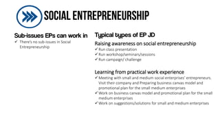 Sub-issues EPs can work in
 There’s no sub-issues in Social
Entrepreneurship
Typical types of EP JD
Raising awareness on social entrepreneurship
Run class presentation
Run workshop/seminars/sessions
Run campaign/ challenge
Learning from practical work experience
Meeting with small and medium social enterprises’ entrepreneurs.
Visit their company and Preparing business canvas model and
promotional plan for the small medium enterprises
Work on business canvas model and promotional plan for the small
medium enterprises
Work on suggestions/solutions for small and medium enterprises
 