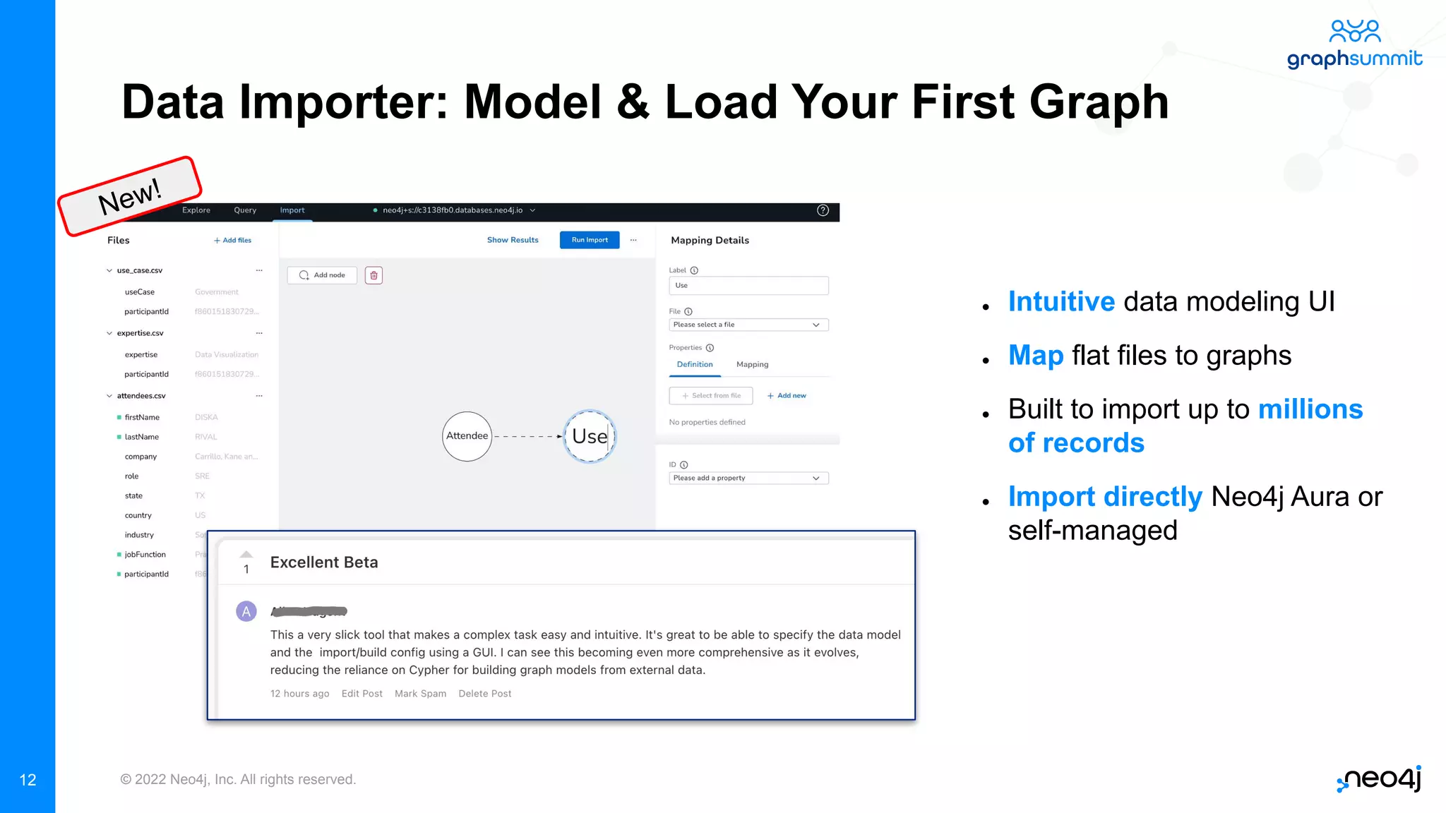 © 2022 Neo4j, Inc. All rights reserved.
Data Importer: Model & Load Your First Graph
● Intuitive data modeling UI
● Map flat files to graphs
● Built to import up to millions
of records
● Import directly Neo4j Aura or
self-managed
12
New!
 