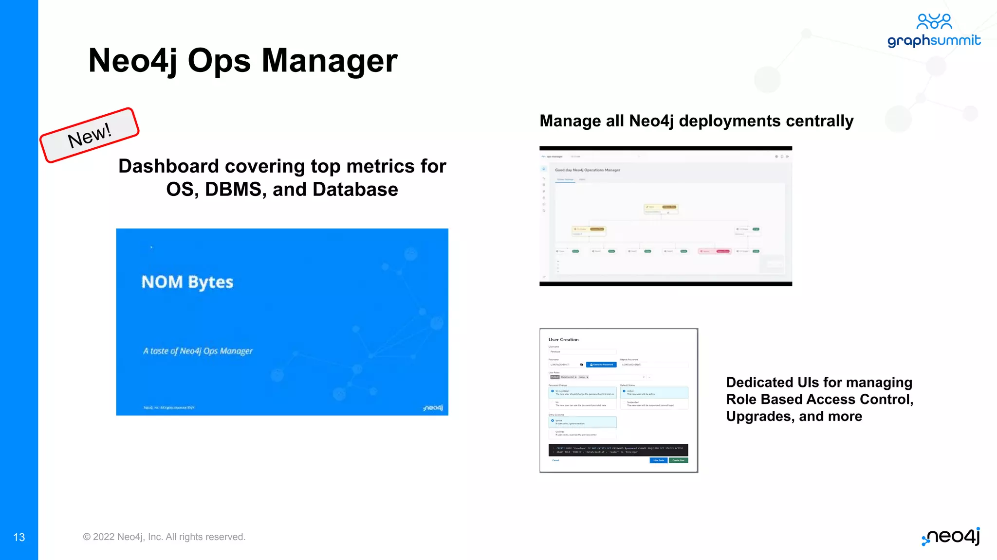 © 2022 Neo4j, Inc. All rights reserved.
13
Neo4j Ops Manager
Manage all Neo4j deployments centrally
Dashboard covering top metrics for
OS, DBMS, and Database
Dedicated UIs for managing
Role Based Access Control,
Upgrades, and more
New!
 