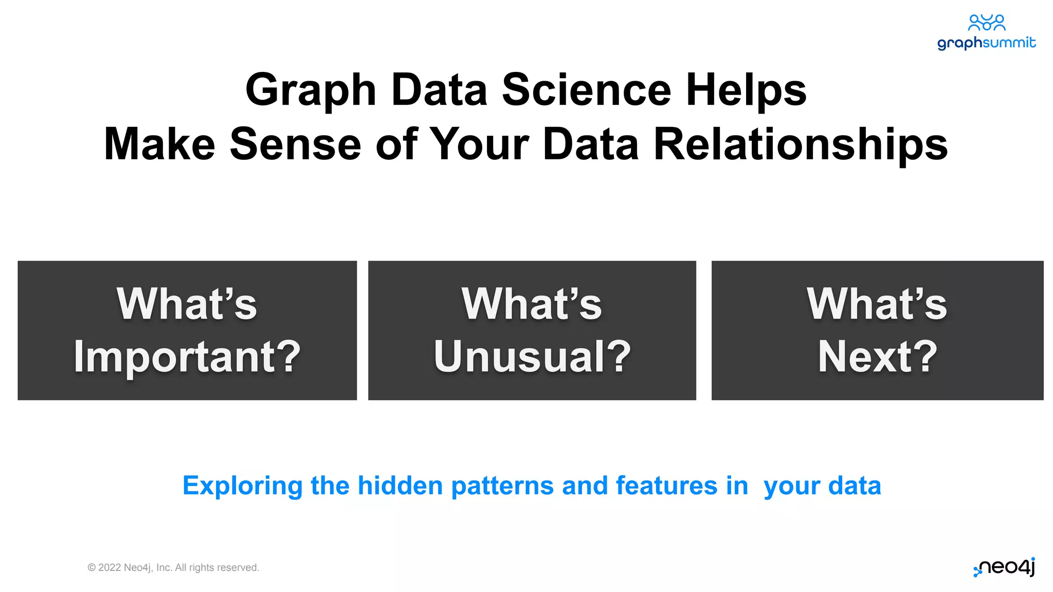 © 2022 Neo4j, Inc. All rights reserved.
What’s
Unusual?
What’s
Important?
What’s
Next?
Graph Data Science Helps
Make Sense of Your Data Relationships
21
Exploring the hidden patterns and features in your data
 