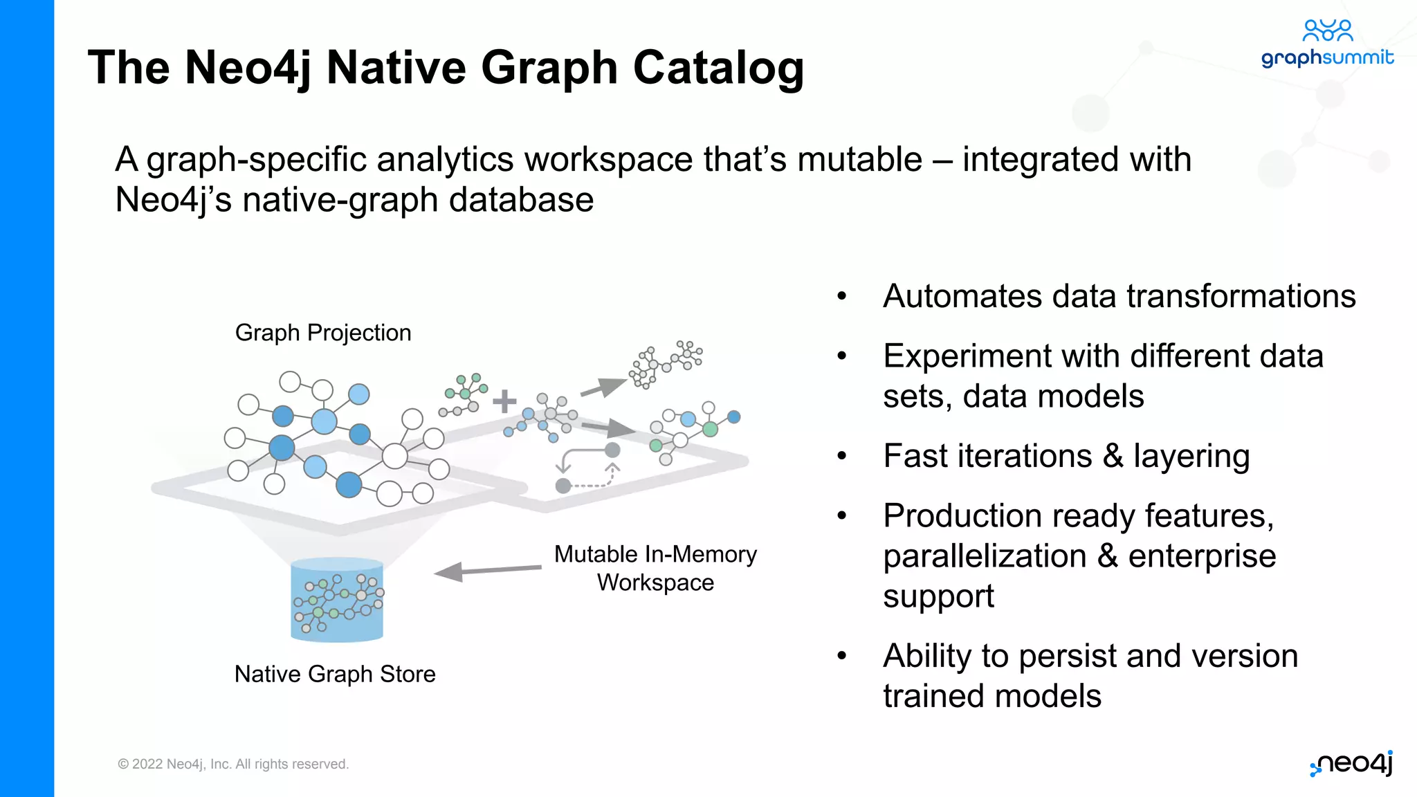 © 2022 Neo4j, Inc. All rights reserved.
The Neo4j Native Graph Catalog
• Automates data transformations
• Experiment with different data
sets, data models
• Fast iterations & layering
• Production ready features,
parallelization & enterprise
support
• Ability to persist and version
trained models
A graph-specific analytics workspace that’s mutable – integrated with
Neo4j’s native-graph database
Mutable In-Memory
Workspace
Graph Projection
Native Graph Store
 