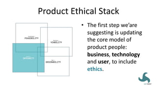 Product Ethical Stack
• The first step we’are
suggesting is updating
the core model of
product people:
business, technology
and user, to include
ethics.
 