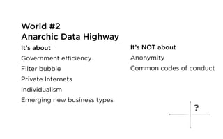 World #2
Anarchic Data Highway
It’s about
Government efficiency
Filter bubble
Private Internets
Individualism
Emerging new business types
It’s NOT about
Anonymity
Common codes of conduct
?
 