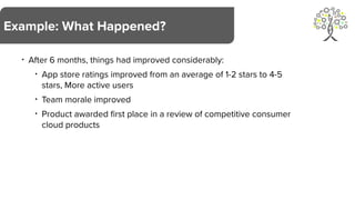 • After 6 months, things had improved considerably:
• App store ratings improved from an average of 1-2 stars to 4-5
stars, More active users
• Team morale improved
• Product awarded first place in a review of competitive consumer
cloud products
Example: What Happened?
 
