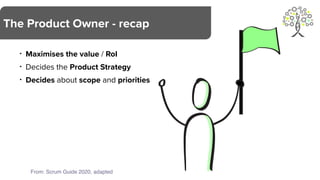 • Maximises the value / RoI
• Decides the Product Strategy
• Decides about scope and priorities
The Product Owner - recap
From: Scrum Guide 2020, adapted
 