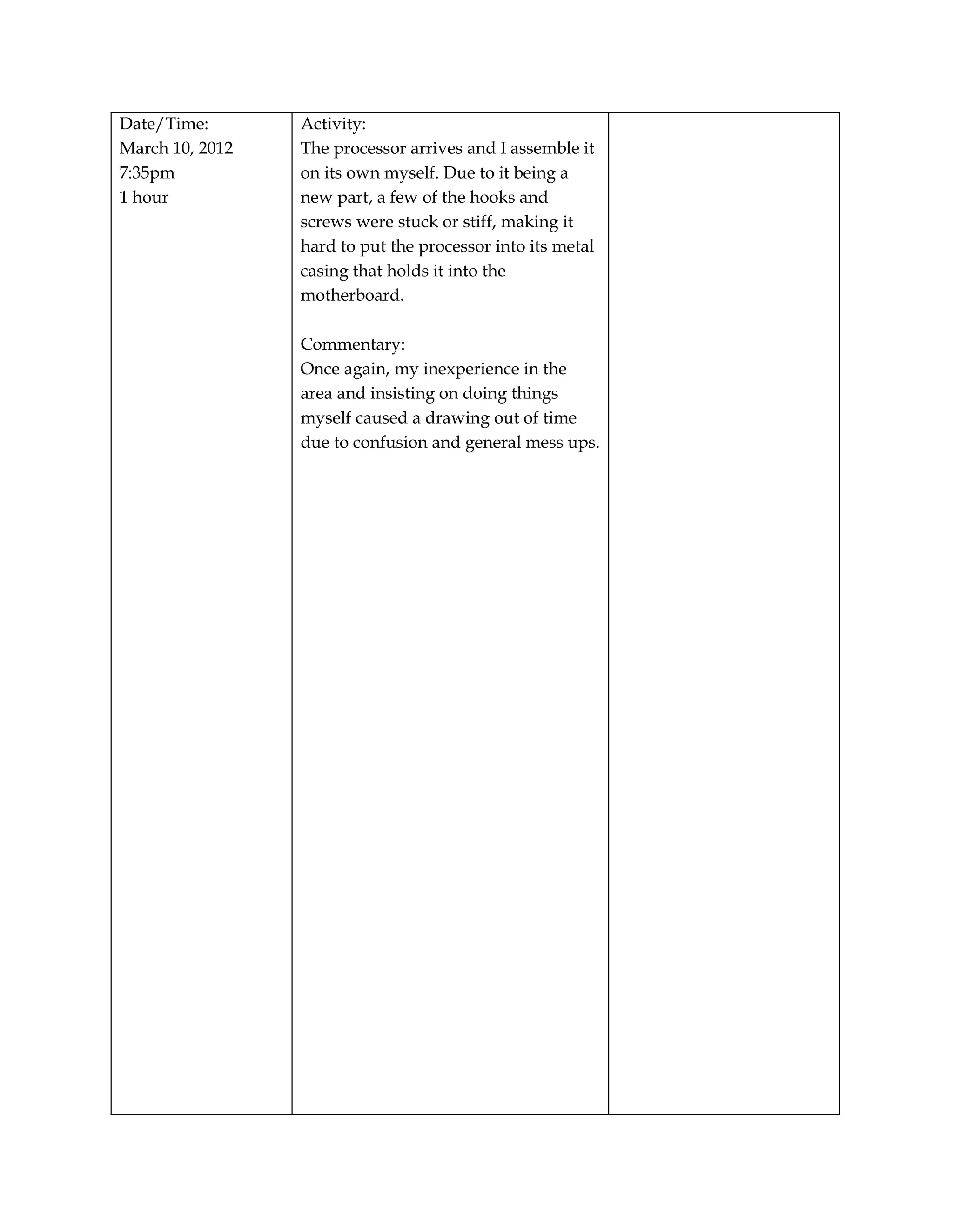 Date/Time:       Activity:
March 10, 2012   The processor arrives and I assemble it
7:35pm           on its own myself. Due to it being a
1 hour           new part, a few of the hooks and
                 screws were stuck or stiff, making it
                 hard to put the processor into its metal
                 casing that holds it into the
                 motherboard.

                 Commentary:
                 Once again, my inexperience in the
                 area and insisting on doing things
                 myself caused a drawing out of time
                 due to confusion and general mess ups.
 
