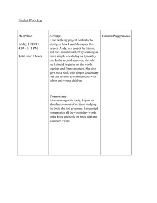 Product Work Log




Date/Time:            Activity:                                   Comment/Suggestions:
                       I met with my project facilitator to
Friday, 11/18/11      strategize how I would conquer this
4:07 – 6:11 PM        project. Andy, my project facilitator,
                      told me I should start off by learning as
Total time: 2 hours   much simple vocabulary as I possibly
                      can. In the second semester, she told
                      me I should begin to put the words
                      together and form sentences. She also
                      gave me a book with simple vocabulary
                      that can be used to communicate with
                      babies and young children.




                      Commentary:
                      After meeting with Andy, I spent an
                      abundant amount of my time studying
                      the book she had given me. I attempted
                      to memorize all the vocabulary words
                      in the book and took the book with me
                      wherever I went.
 
