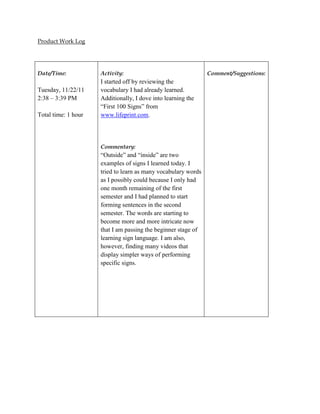 Product Work Log




Date/Time:           Activity:                                 Comment/Suggestions:
                     I started off by reviewing the
Tuesday, 11/22/11    vocabulary I had already learned.
2:38 – 3:39 PM       Additionally, I dove into learning the
                     “First 100 Signs” from
Total time: 1 hour   www.lifeprint.com.




                     Commentary:
                     “Outside” and “inside” are two
                     examples of signs I learned today. I
                     tried to learn as many vocabulary words
                     as I possibly could because I only had
                     one month remaining of the first
                     semester and I had planned to start
                     forming sentences in the second
                     semester. The words are starting to
                     become more and more intricate now
                     that I am passing the beginner stage of
                     learning sign language. I am also,
                     however, finding many videos that
                     display simpler ways of performing
                     specific signs.
 
