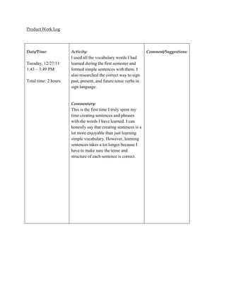 Product Work Log




Date/Time:            Activity:                                   Comment/Suggestions:
                      I used all the vocabulary words I had
Tuesday, 12/27/11     learned during the first semester and
1:43 – 3:49 PM        formed simple sentences with them. I
                      also researched the correct way to sign
Total time: 2 hours   past, present, and future tense verbs in
                      sign language.


                      Commentary:
                      This is the first time I truly spent my
                      time creating sentences and phrases
                      with the words I have learned. I can
                      honestly say that creating sentences is a
                      lot more enjoyable than just learning
                      simple vocabulary. However, learning
                      sentences takes a lot longer because I
                      have to make sure the tense and
                      structure of each sentence is correct.
 