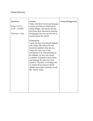 Product Work Log




Date/Time:           Activity:                                 Comment/Suggestions:
                     Today, I decided to teach sign language
Friday, 2/22/12      to junior at Creekview High School,
12:30 – 1:30 PM      Ashley Bridges. She told me that she
                     had always been interested in learning
Total time: 1 hour   the language, but never got the time to
                     actually pursue her interest.

                     Commentary:
                     I spent one hour reviewing the alphabet
                     with Ashley. She told me she had
                     learned the alphabet when she was
                     young, but wasn’t sure if she
                     remembered it all. After polishing up
                     her alphabet, we dove into simple
                     vocabulary. I decided to teach Ashley
                     sign language the same way I had
                     learned it. Therefore, I was happy that
                     we started off our lessons with the
                     alphabet and simple vocabulary words,
                     like “family” terms.
 