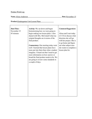 Product Work Log

Name Alissa Anderson                                                  Date November 15

Product Kindergarten Unit Lesson Plans



Date/Time:             Activity: We sat down and began            Comment/Suggestions
November 15            brainstorming how we were going to         :
45 minutes             begin making our lesson plans. I also      Alissa and I met today
                       shared with Mrs. McConnell what my         (11/15) to discuss what
                       original thoughts are in terms of the      direction she will go
                       final product.                             with her project. She is
                                                                  to go home and figure
                       Commentary: Our meeting today went         out what subject area
                       well. I learned that lesson plans have     she wants to complete a
                       more put into them than what a student     lesson plan for.
                       imagines. I found out that I need to get
                       more information on how narrow or
                       broad the final product needs to be. We
                       are going to review some standards in
                       a couple of days.
 