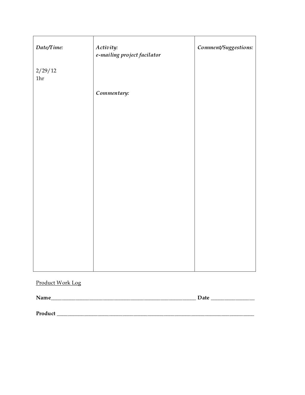 Product work log template 2011 12