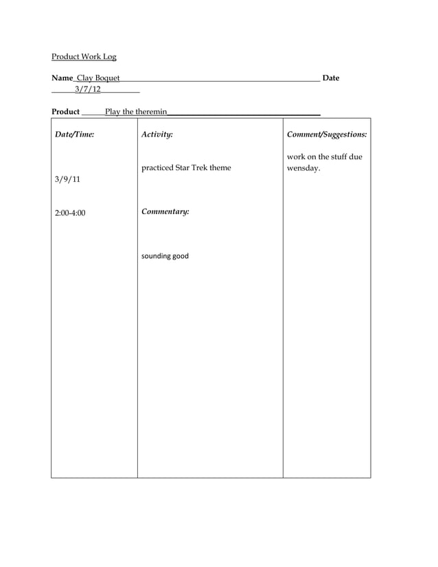 Product work log template 2011 12-7 | DOCX
