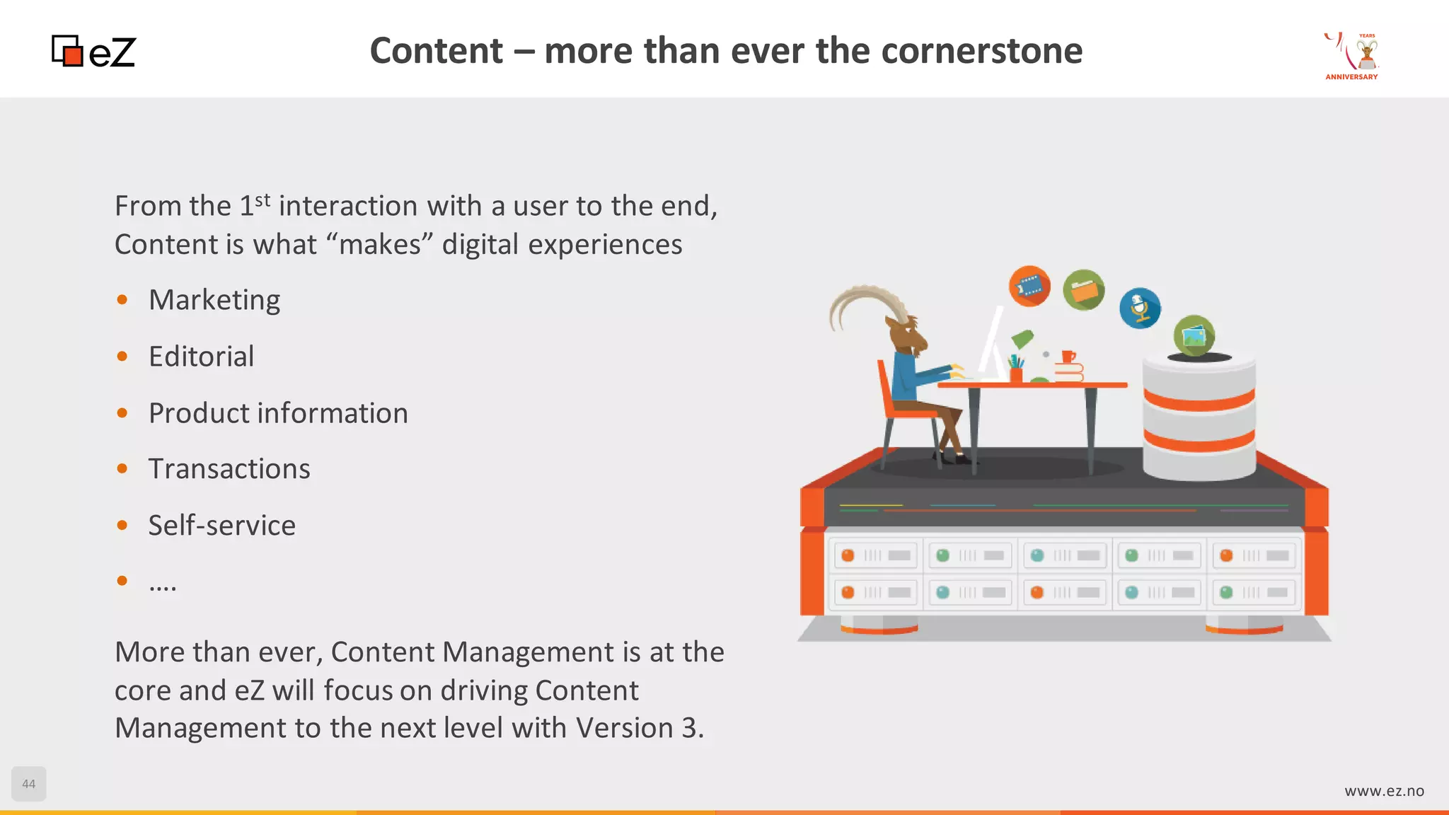 44
www.ez.no
Content – more than ever the cornerstone
More than ever, Content Management is at the
core and eZ will focus on driving Content
Management to the next level with Version 3.
From the 1st interaction with a user to the end,
Content is what “makes” digital experiences
• Marketing
• Editorial
• Product information
• Transactions
• Self-service
• ….
 