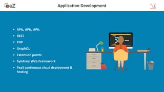 www.ez.no16
Application Development
• APIs, APIs, APIs
• REST
• PHP
• GraphQL
• Extension points
• Symfony Web Framework
• PaaS continuous cloud deployment &
hosting
 