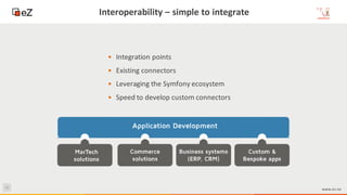 46
www.ez.no
Interoperability – simple to integrate
• Integration points
• Existing connectors
• Leveraging the Symfony ecosystem
• Speed to develop custom connectors
 