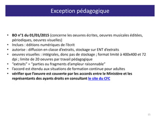 Exception pédagogique
15
• BO n°1 du 01/01/2015 (concerne les oeuvres écrites, oeuvres musicales éditées,
périodiques, oeuvres visuelles)
• Inclues : éditions numériques de l’écrit
• autorise : diffusion en classe d’extraits, stockage sur ENT d’extraits
• oeuvres visuelles : intégrales, donc pas de stockage ; format limité à 400x400 et 72
dpi ; limite de 20 oeuvres par travail pédagogique
• “extraits” = “parties ou fragments d’ampleur raisonnable”
• l’accord est étendu aux situations de formation continue pour adultes
• vérifier que l’oeuvre est couverte par les accords entre le Ministère et les
représentants des ayants droits en consultant le site du CFC
 