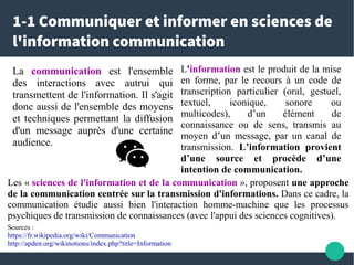 1-1 Communiquer et informer en sciences de
l'information communication
La communication est l'ensemble
des interactions av...