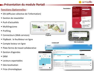 Présentation du module Portail
Newsletters

Fonctions Optionnelles :
 DSI (diffusion sélective de l’information)
 Gestion de newsletter
 Push d’actualités

 Multilinguisme
 Profiling
 Connecteurs (Web services)

FlipBook

 FlipBook : le feuilleteur en ligne

 Compte lecteur en ligne
 Plate-forme de travail collaborative
 Gestion d’agendas
 DRM
 Lecteurs exportables
 Géo-localisation
 Frise chronologique

Collaboratif

Géo-localisation

 