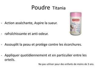 La Vitamine E: un antioxydantqui freine le vieillissement cutané et assure la stabilité des structures cellulaires.Lotion hydratante Titania - Hydrate et ré-équilibre la peau. Soigne la peau sèche et rugueuse 