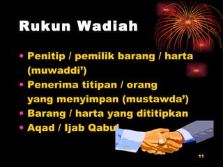 Rukun Wadiah Penitip / pemilik barang / harta (muwaddi’) Penerima titipan / orang yang menyimpan (mustawda’) Barang / harta yang dititipkan Aqad / Ijab Qabul 
