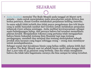 SEJARAHAnita Roddickmemulai The Body Shop® padatanggal 26 Maret 1976 semata – matauntukmenciptakanmatapencaharianuntukdirinyadankeduaputrinya, disaat Gordon melakukanperjalanankelilingAmerika. Iasamasekalitidakterlatihdantidakpunyapengalamandantrikbisnis yang iamilikihanyalahnasihatdari Gordon untukmelakukanpenjualansebanyak £300 selamaseminggu. Anita melihatkewiraswastaansebagaisuatukelangsunganhidup, danpercayabahwahaltersebutmemeliharapikirankreatif. Menjalankantokonya yang pertamatelahmengajarkanbahwabisnisbukanlahtentangilmufinansialtapijugatentangperdagangan: membelidanmenjualdantentangmenciptakansebuahprodukataulayanan yang bagussehinggaorang – orangmaumembayaruntukmendapatkannya. Sebagaiwasiatdarikeyakinanbisnis yang beliaumiliki, selamalebihdari 30 tahun The Body Shop® saatiniadalahbisnis multi lokaldenganlebihdari 2,200 tokodi 55 pasaran yang berbeda. Dan diaselalumengklaimbahwadiatidaktahubagaimanacaranyadiabisasampaiketahaptersebut.