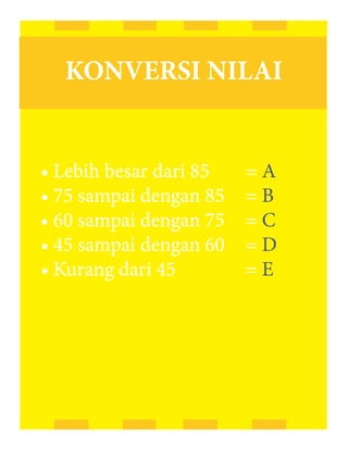 KONVERSI NILAI


• Lebih besar dari 85   =A
• 75 sampai dengan 85   =B
• 60 sampai dengan 75   =C
• 45 sampai dengan 60   =D
• Kurang dari 45        =E
 