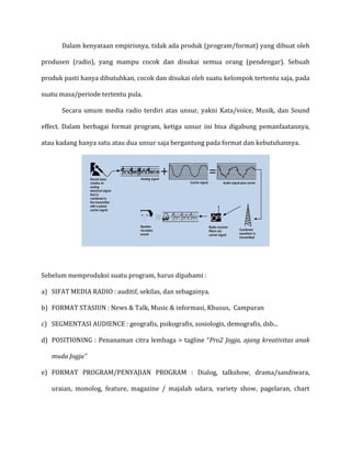 Dalam kenyataan empirisnya, tidak ada produk (program/format) yang dibuat oleh
produsen (radio), yang mampu cocok dan disukai semua orang (pendengar). Sebuah
produk pasti hanya dibutuhkan, cocok dan disukai oleh suatu kelompok tertentu saja, pada
suatu masa/periode tertentu pula.
Secara umum media radio terdiri atas unsur, yakni Kata/voice, Musik, dan Sound
effect. Dalam berbagai format program, ketiga unsur ini bisa digabung pemanfaatannya,
atau kadang hanya satu atau dua unsur saja bergantung pada format dan kebutuhannya.
Sebelum memproduksi suatu program, harus dipahami :
a) SIFAT MEDIA RADIO : auditif, sekilas, dan sebagainya.
b) FORMAT STASIUN : News & Talk, Music & informasi, Khusus, Campuran
c) SEGMENTASI AUDIENCE : geografis, psikografis, sosiologis, demografis, dsb...
d) POSITIONING : Penanaman citra lembaga > tagline “Pro2 Jogja, ajang kreativitas anak
muda Jogja”
e) FORMAT PROGRAM/PENYAJIAN PROGRAM : Dialog, talkshow, drama/sandiwara,
uraian, monolog, feature, magazine / majalah udara, variety show, pagelaran, chart
 