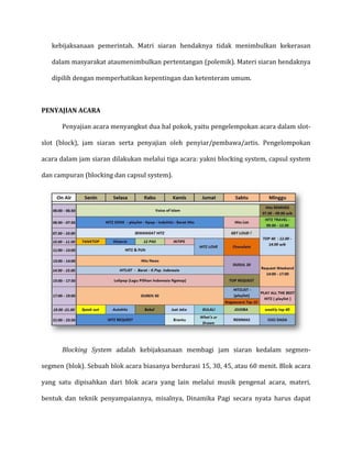 kebijaksanaan pemerintah. Matri siaran hendaknya tidak menimbulkan kekerasan
dalam masyarakat ataumenimbulkan pertentangan (polemik). Materi siaran hendaknya
dipilih dengan memperhatikan kepentingan dan ketenteram umum.
PENYAJIAN ACARA
Penyajian acara menyangkut dua hal pokok, yaitu pengelempokan acara dalam slot-
slot (block), jam siaran serta penyajian oleh penyiar/pembawa/artis. Pengelompokan
acara dalam jam siaran dilakukan melalui tiga acara: yakni blocking system, capsul system
dan campuran (blocking dan capsul system).
Blocking System adalah kebijaksanaan membagi jam siaran kedalam segmen-
segmen (blok). Sebuah blok acara biasanya berdurasi 15, 30, 45, atau 60 menit. Blok acara
yang satu dipisahkan dari blok acara yang lain melalui musik pengenal acara, materi,
bentuk dan teknik penyampaiannya, misalnya, Dinamika Pagi secara nyata harus dapat
 