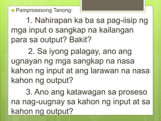  Pamprosesong Tanong:
1. Nahirapan ka ba sa pag-iisip ng
mga input o sangkap na kailangan
para sa output? Bakit?
2. Sa iyong palagay, ano ang
ugnayan ng mga sangkap na nasa
kahon ng input at ang larawan na nasa
kahon ng output?
3. Ano ang katawagan sa proseso
na nag-uugnay sa kahon ng input at sa
kahon ng output?
 