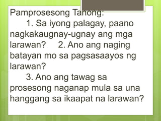 Pamprosesong Tanong:
1. Sa iyong palagay, paano
nagkakaugnay-ugnay ang mga
larawan? 2. Ano ang naging
batayan mo sa pagsasaayos ng
larawan?
3. Ano ang tawag sa
prosesong naganap mula sa una
hanggang sa ikaapat na larawan?
 