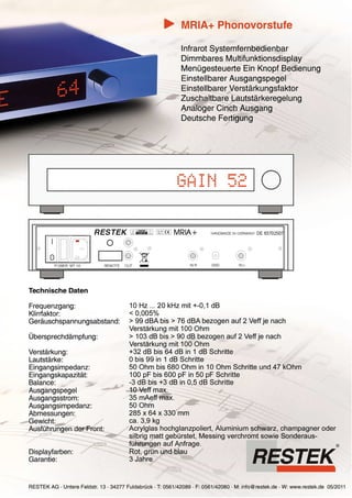 Produktblatt RESTEK MRIA+ Phono Pre