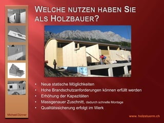 BauphysikalischeEigenschaften von BSP Formstabilität:	     in Plattenebene ~ 0,01% je % Holzfeuchteveränderung                                           senkr.  zur Plattenebene ~ 0,2% je % HolzfeuchteveränderungLuftdurchlässigkeit:MM-BSP 98 (3-lagig) laut Gutachten 				TU Graz keine Luftdurchlässigkeit