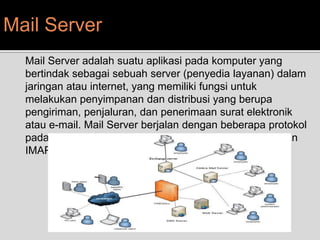 Mail Server 
Mail Server adalah suatu aplikasi pada komputer yang 
bertindak sebagai sebuah server (penyedia layanan) dalam 
jaringan atau internet, yang memiliki fungsi untuk 
melakukan penyimpanan dan distribusi yang berupa 
pengiriman, penjaluran, dan penerimaan surat elektronik 
atau e-mail. Mail Server berjalan dengan beberapa protokol 
pada TCP/IP, yakni SMTP (port 25), POP3 (port 110), dan 
IMAP (port 143). 
 