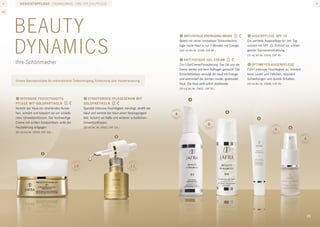 Gesichtspflege ergänzungs- und spezialpflege






     Beaut y
     Dynamics
                                                                                                                    3	anti-Fatigue Energizing maske                   5	Augenpflege SPF 15
                                                                                                                    Belebt mit seiner innovativen Schaumtechno-       Die perfekte Augenpflege für den Tag
                                                                                                                    logie müde Haut in nur 5 Minuten mit Energie.     schützt mit SPF 15. Schützt vor schädi-
                                                                                                                    [100 ml] Art.-Nr. 21199, CHF 49.–                 gender Sonneneinstrahlung.
                                                                                                                                                                      [15 ml] Art.-Nr. 21059, CHF 49.–
                                                                                                                    4	Anti-Fatigue Gel Cream
     Ihre Schönmacher                                                                                               2-in-1-Gel-Creme-Formulierung: Das Gel und die    6	Optimeyes Augenpflege
                                                                                                                    Creme werden erst beim Auftragen gemischt. Das    Führt intensive Feuchtigkeit zu, mindert
                                                                                                                    Schönheitselixier versorgt die Haut mit Energie   feine Linien und Fältchen, reduziert
                                                                                                                    und vermindert die Zeichen müder, gestresster     Schwellungen und dunkle Schatten.
     Unsere Spezialprodukte für unkomplizierte Tiefenreinigung, Erfrischung oder Hauterneuerung.
                                                                                                                    Haut. Die Haut wirkt sofort strahlender.          [15 ml] Art.-Nr. 20648, CHF 49.–
                                                                                                                    [30 ml] Art.-Nr. 29602, CHF 69.–


     1	Intensive Feuchtigkeits-                         2	Straffendes Pflegeserum mit
     pflege mit Goldpartikeln                           Goldpartikeln
     Verleiht der Haut ein strahlendes Ausse-           Spendet intensive Feuchtigkeit, beruhigt, strafft die
     hen, schützt und bewahrt sie vor schädli-          Haut und verleiht der Haut einen Verjüngungsef-         4
     chen Umwelteinflüssen. Die hochwertige             fekt. Schützt vor Kälte und anderen schädlichen
     Creme mit echten Goldpartikeln wirkt der           Umwelteinflüssen.
                                                                                                                                             6
     Hautalterung entgegen.                             [30 ml] Art.-Nr. 34410, CHF 119.–
                                                                                                                                                                                              4
     [50 ml] Art.-Nr. 35530, CHF 109.–

                                                                                                                                                                                                                 4




                                                   10                                        11




                                                                                                                                                                                                                     21
 
